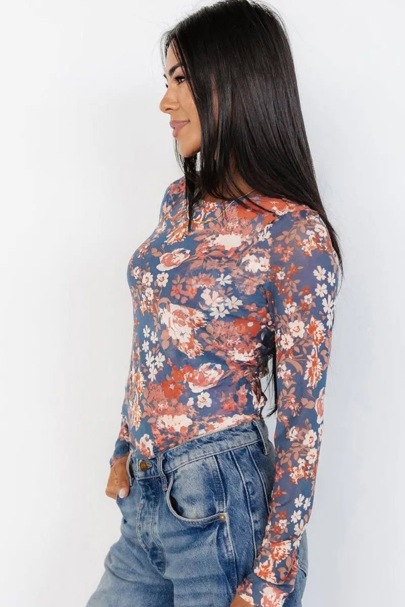 Orchid Petal Floral Print Mesh Fitted Long Sleeve Top - Love Salve
